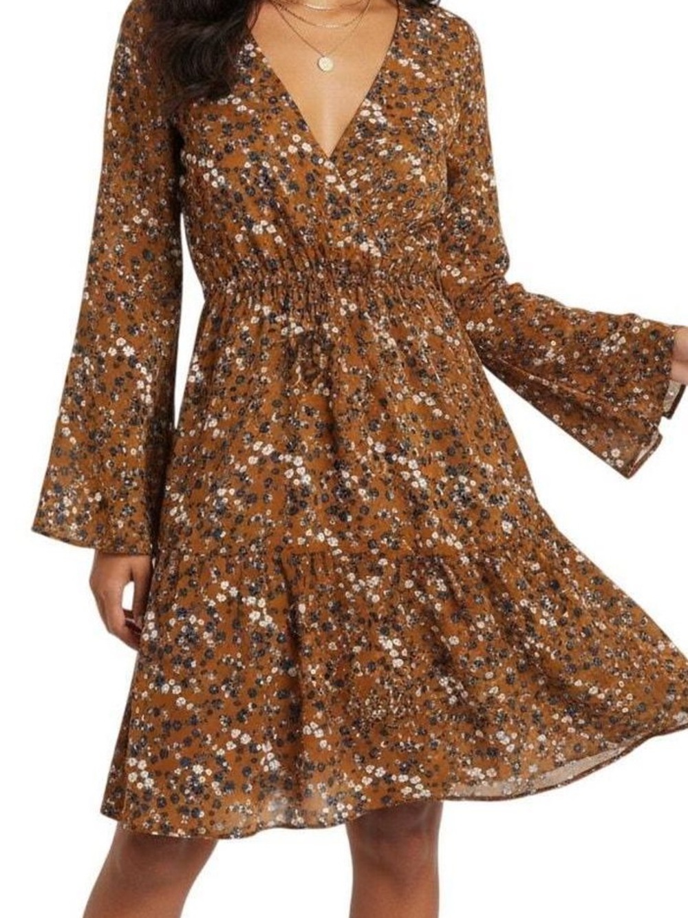 Peach Love California Mustard Floral V-Neck Mini Dress with Bell Sleeves